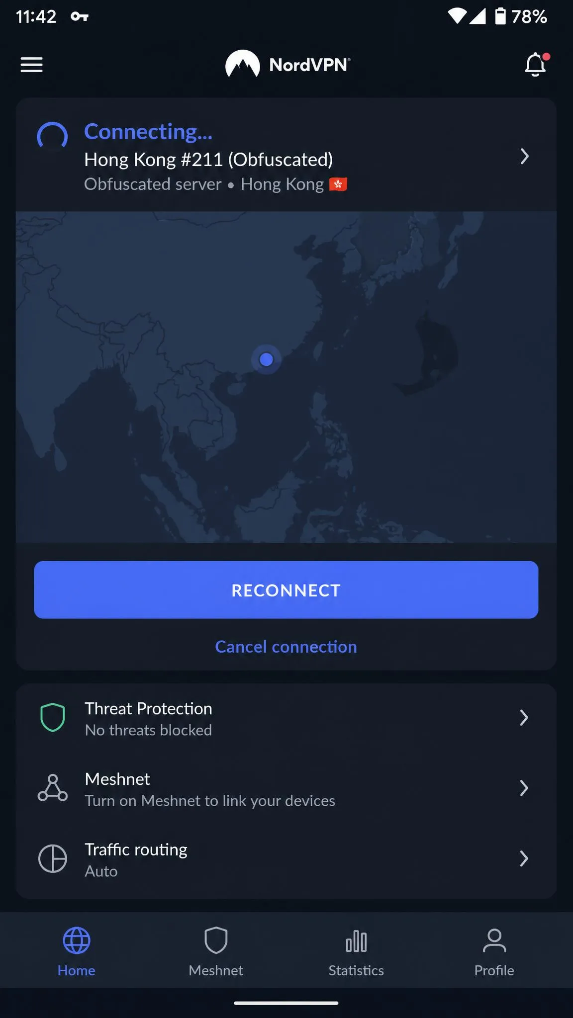 NordVPN's Android app stuck on a "Connecting" status over a Hong Kong obfuscated server, with the Reconnect button visible below the map.