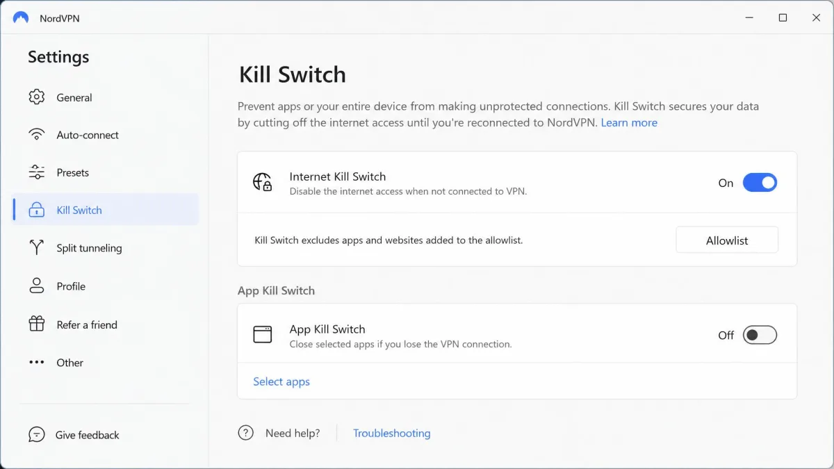 NordVPN's desktop Settings screen with the Kill Switch page open and the Internet Kill Switch toggle switched on.