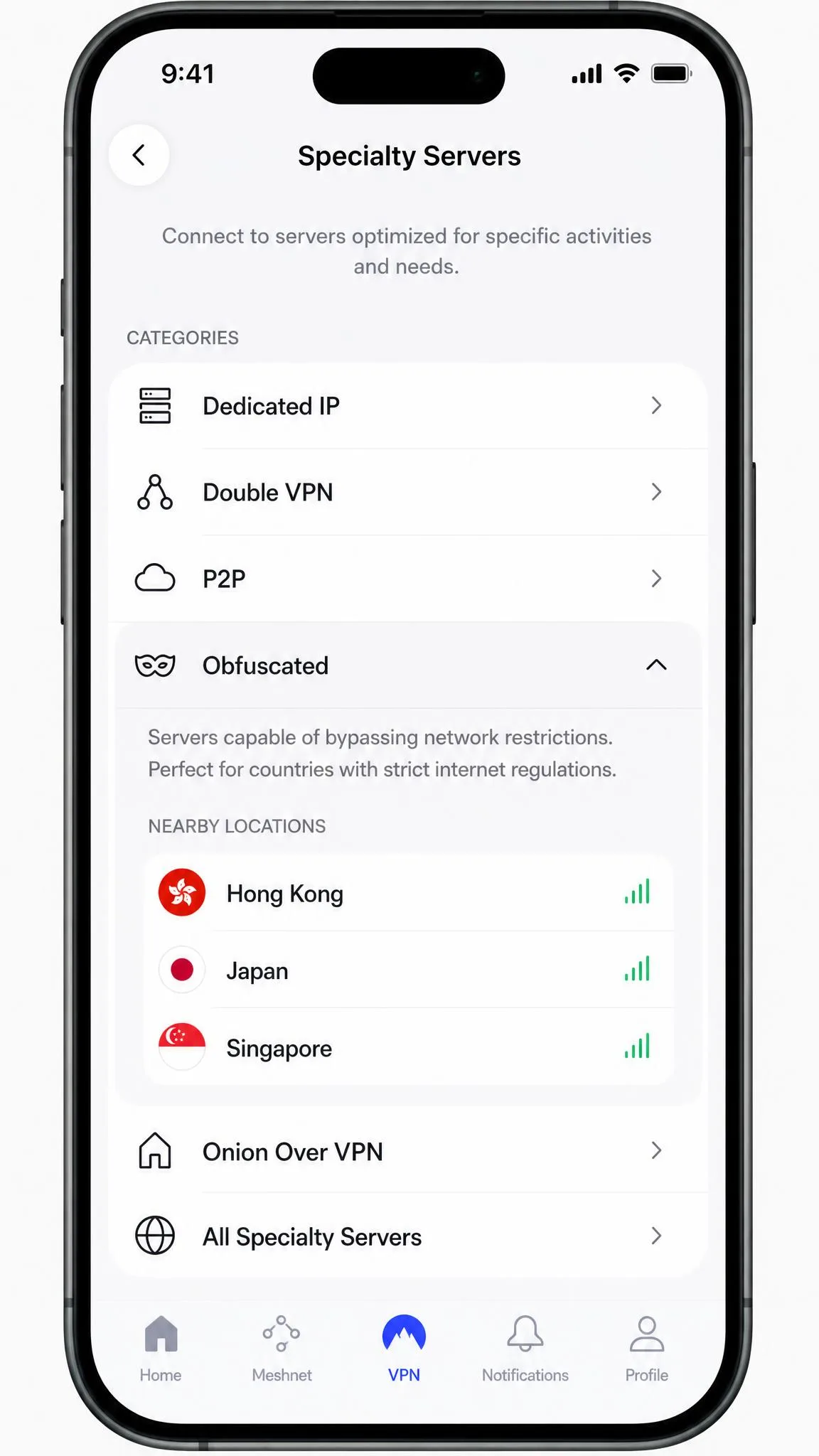 NordVPN's iPhone app showing the Specialty Servers menu with the Obfuscated category expanded and Hong Kong, Japan and Singapore listed as nearby locations.
