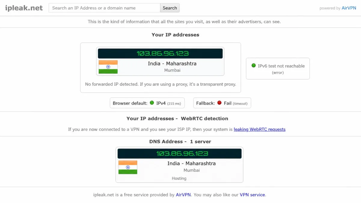The ipleak.net results page showing an Indian IP address and Mumbai location while connected to NordVPN's virtual India server.