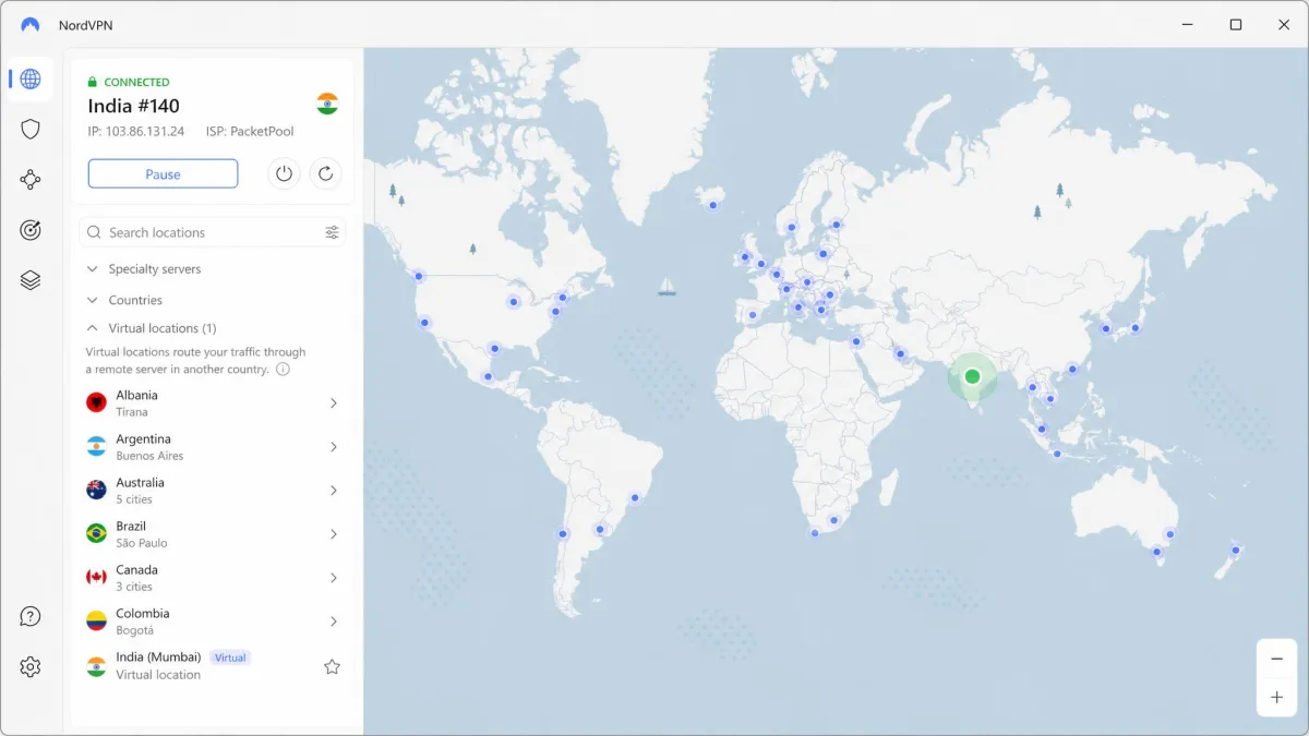NordVPN's desktop app with the virtual-locations group expanded, showing the India (Mumbai) entry marked as a virtual location below the physical countries.