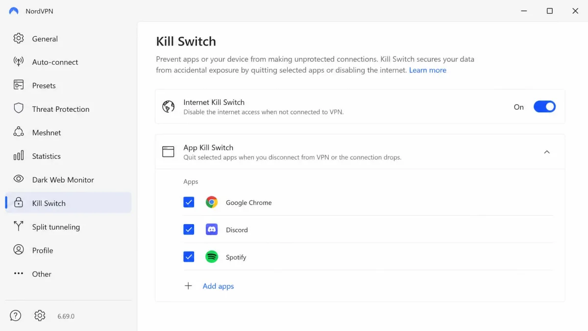 NordVPN's Windows settings screen with the internet kill switch toggle switched on and the app kill switch list shown below it.