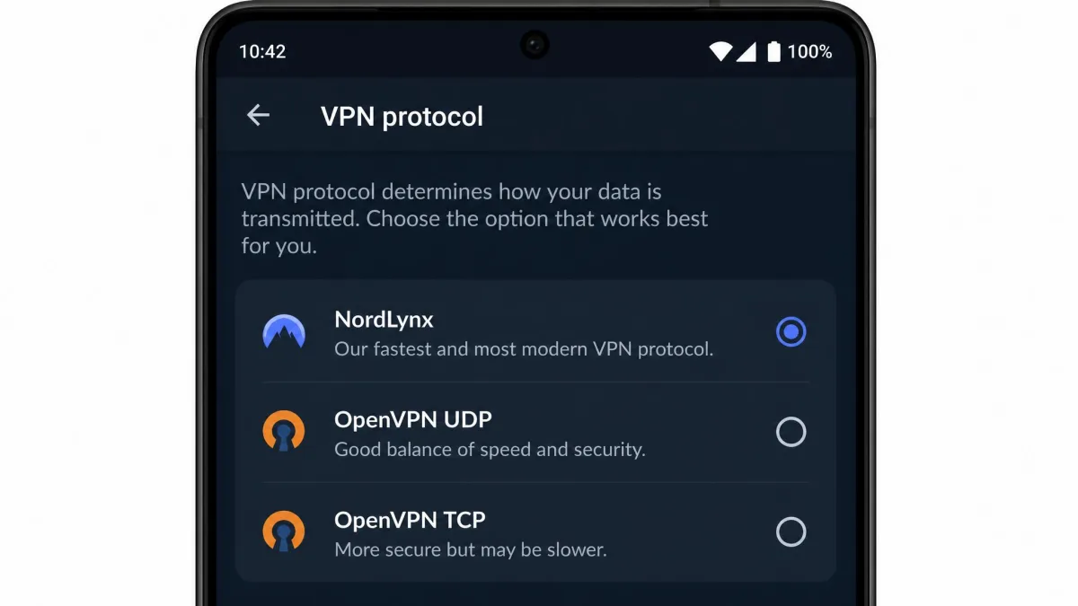 NordVPN's VPN protocol menu on an Android phone with NordLynx selected above the OpenVPN UDP and OpenVPN TCP options.
