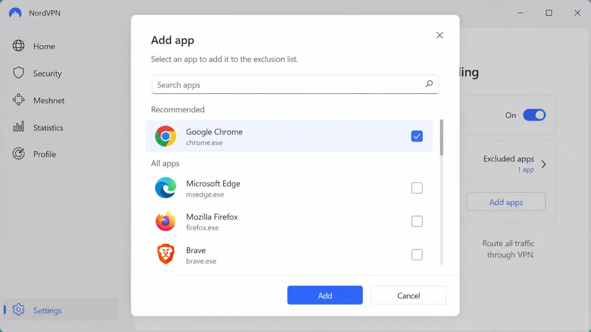 Close-up of the NordVPN app selector dialog with a user adding a browser to the split tunneling exclusion list on Windows.