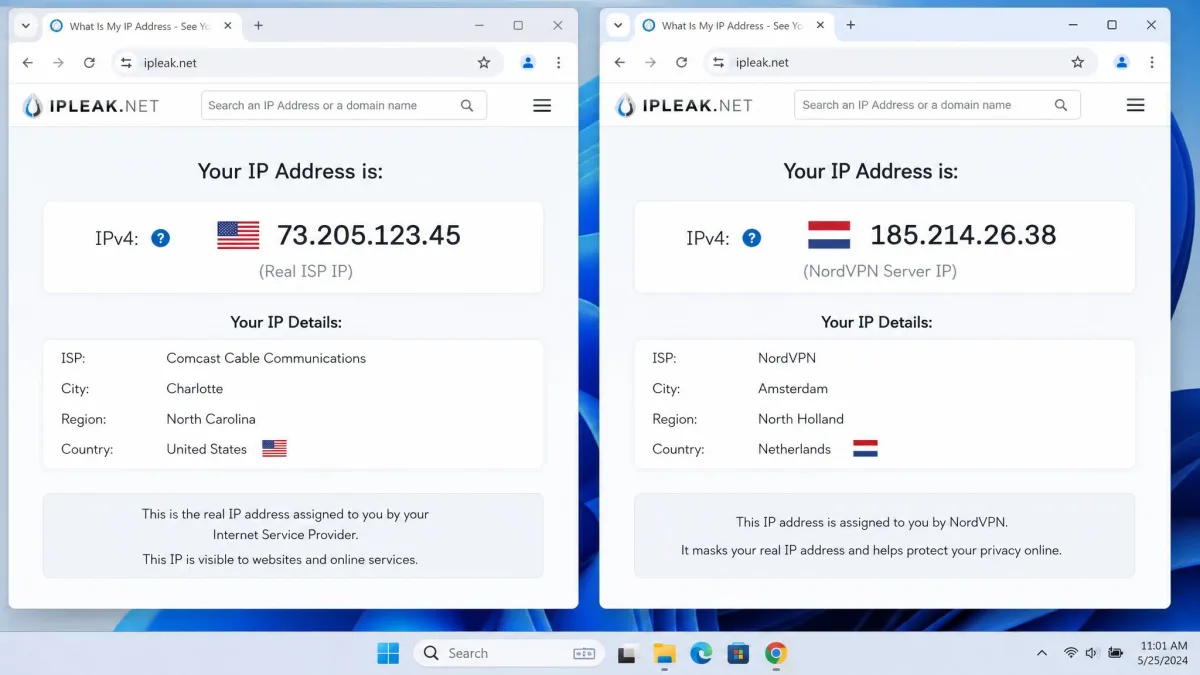 Two browser windows side by side, one showing the real ISP IP address for an excluded app and one showing the NordVPN server IP.