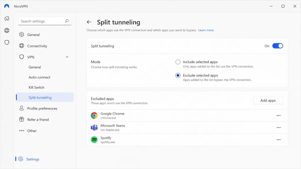 NordVPN Windows app split tunneling settings screen showing exclusion mode selected with three apps added to the bypass list.