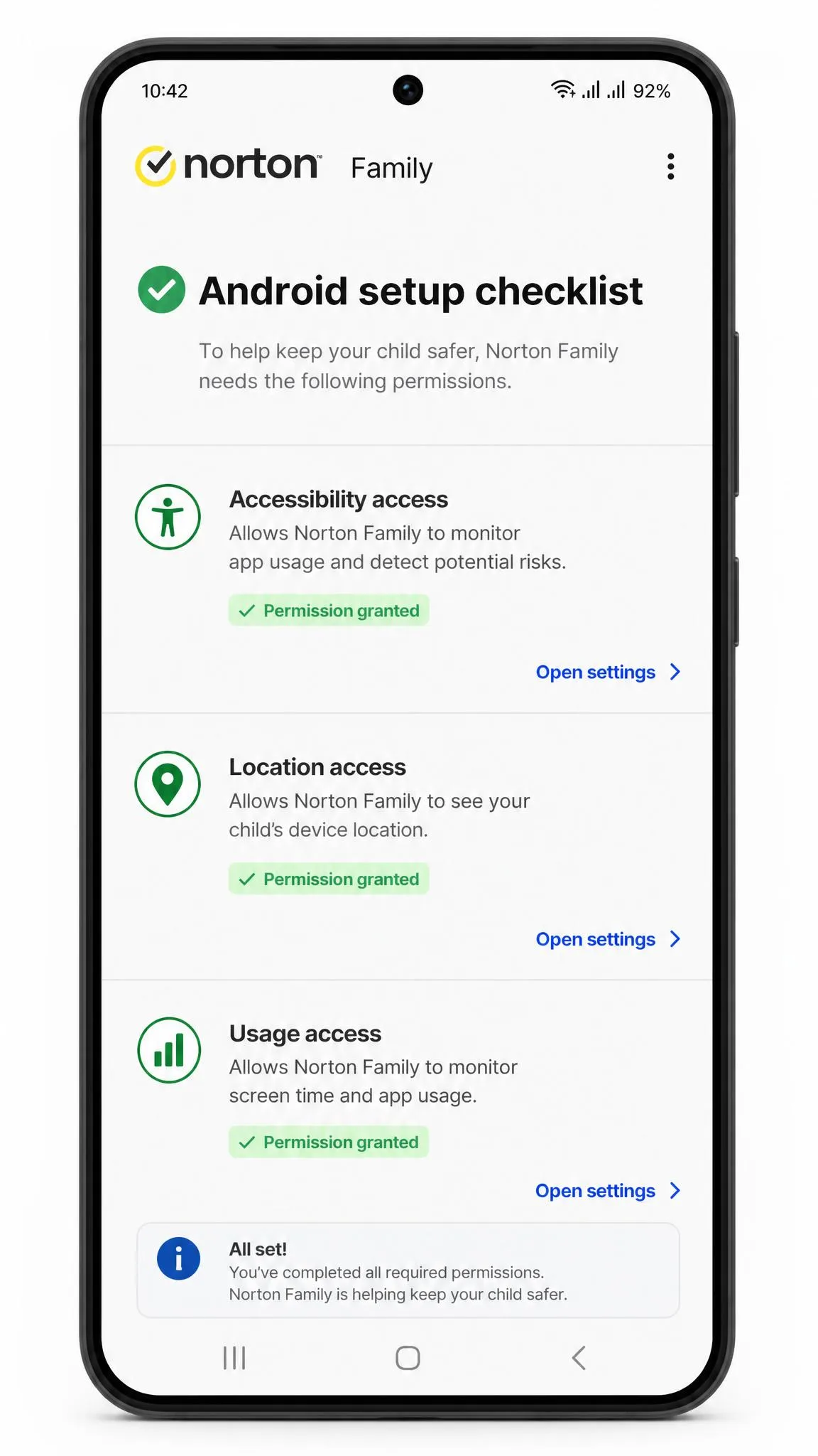 The Norton Family Android setup checklist on a phone screen, listing accessibility, location and usage access permissions with links into each system settings page.