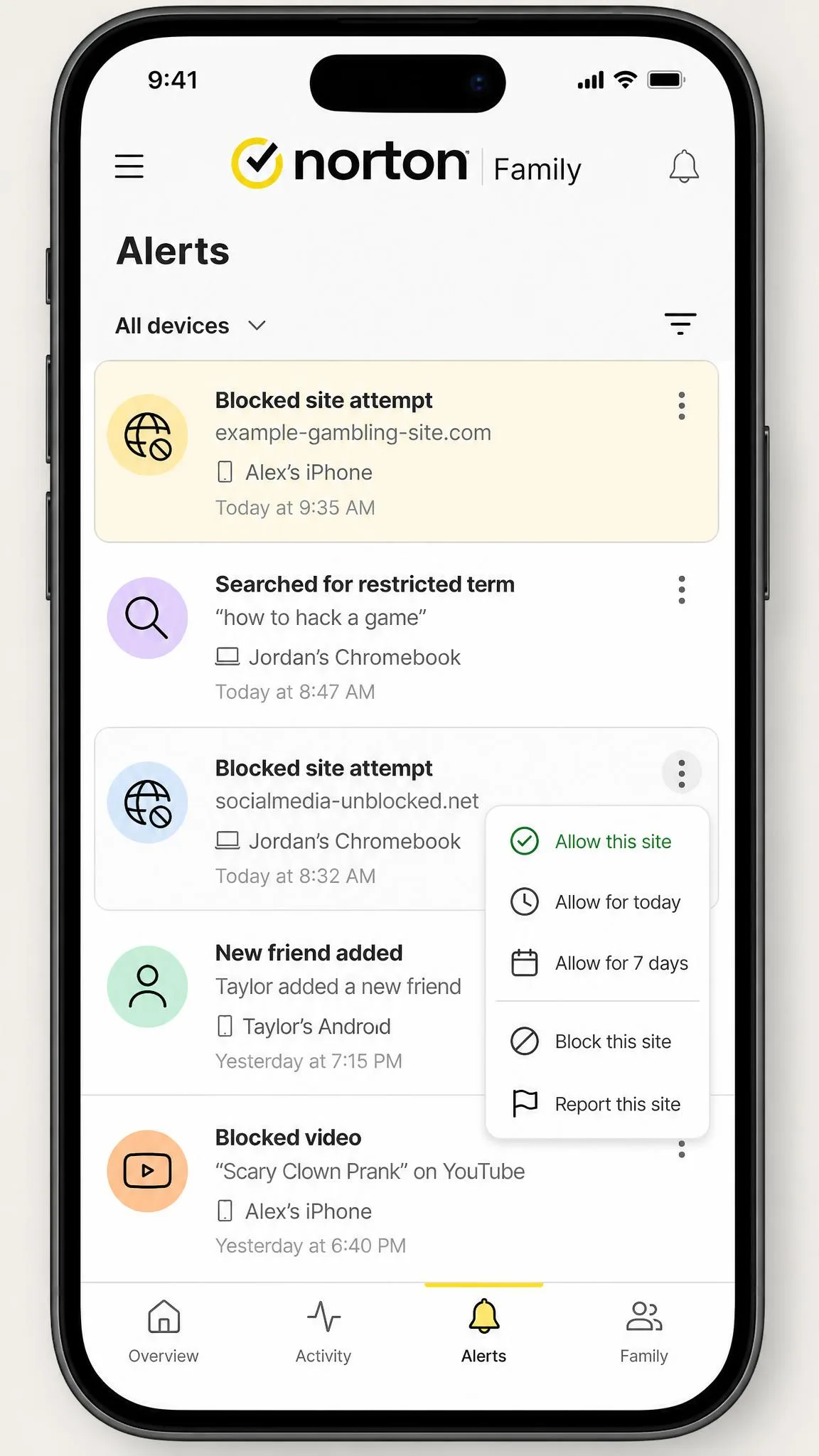 The Norton Family parent app on a phone showing a list of alerts including a blocked site attempt, with an allow option open on one of the entries.