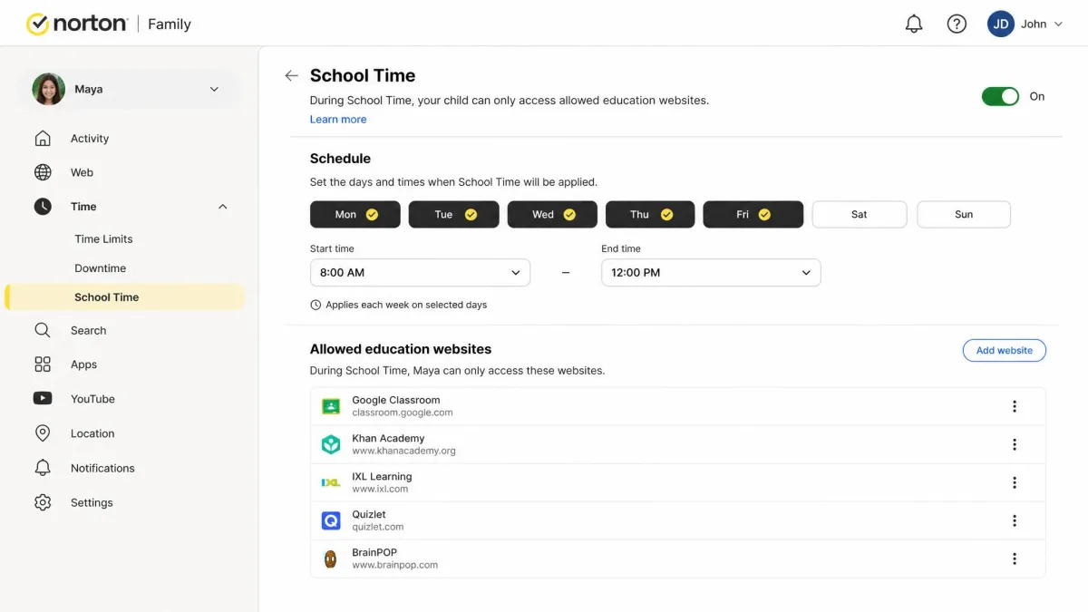 The School Time scheduling screen in Norton Family showing weekday hours set from 8am to 12pm with a list of whitelisted education sites underneath.
