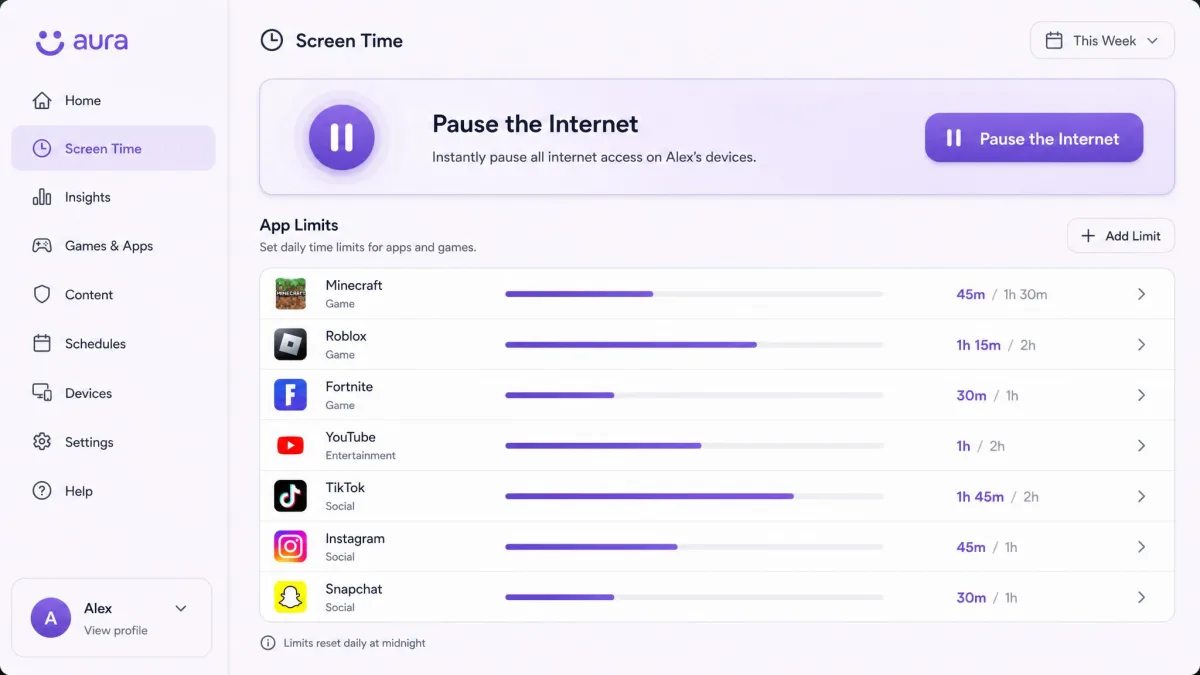 Aura's screen time settings screen showing per-app time limits for individual games and social apps, with a prominent Pause the Internet control at the top.