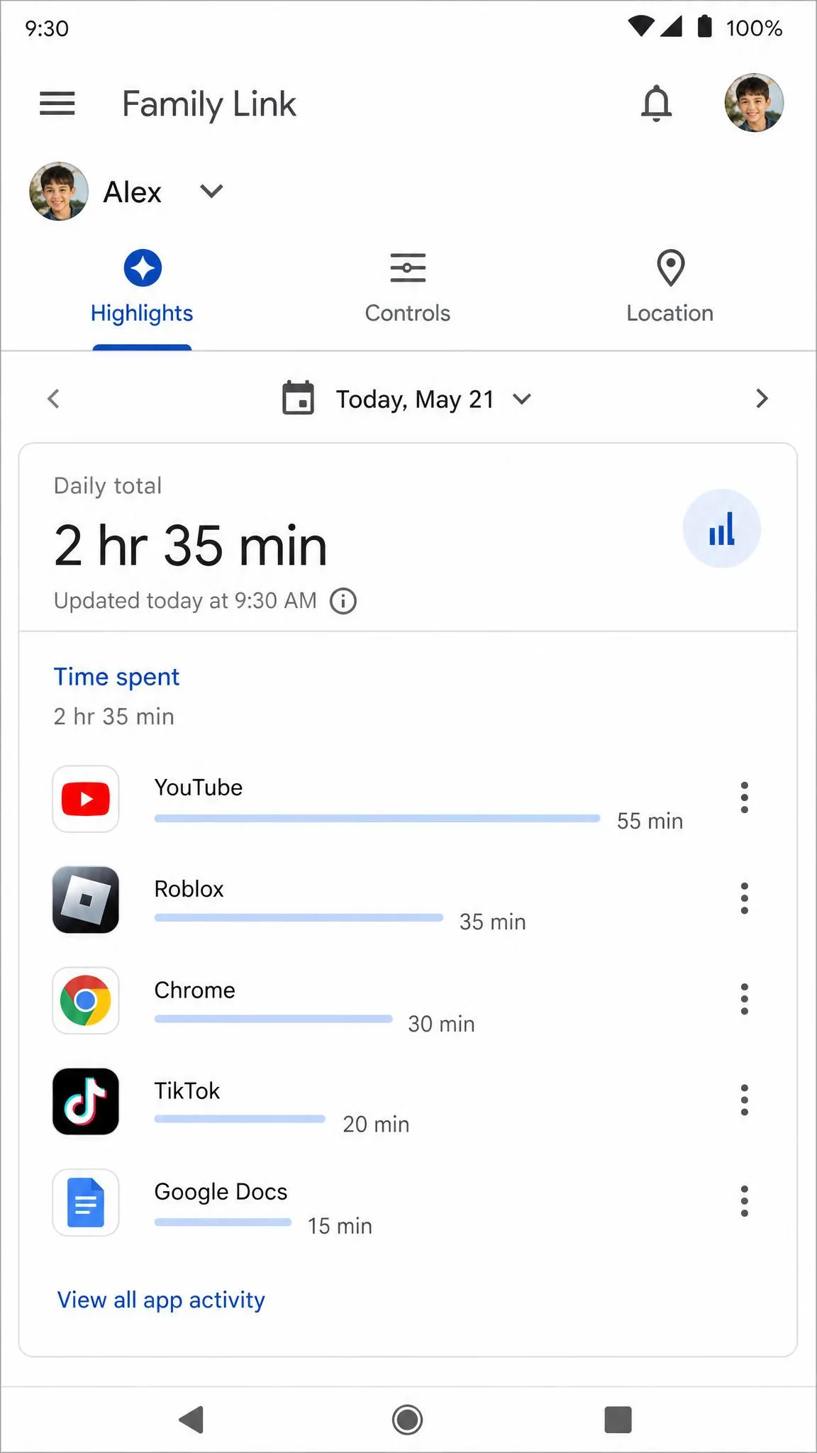 Google Family Link activity report screen showing daily app usage broken down by app with minutes spent on each, viewed on an Android parent phone.