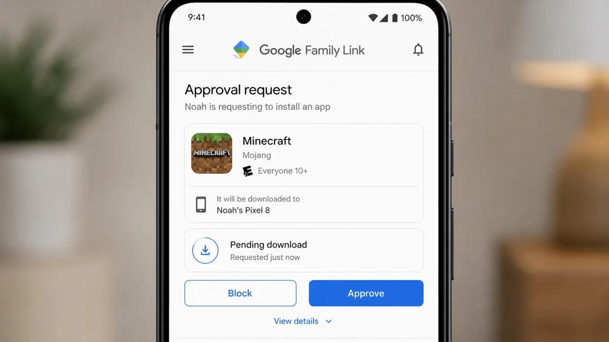 Google Family Link app-install approval request on a parent's phone showing a pending download that can be approved or blocked.