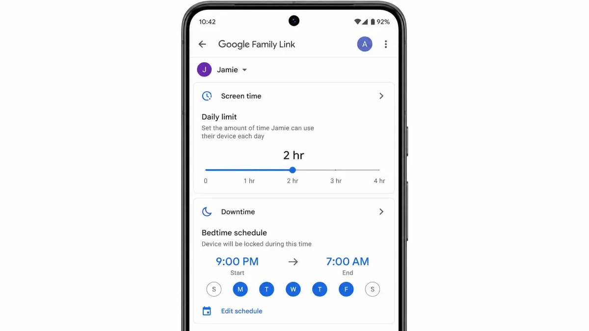 Google Family Link screen-time settings on an Android phone showing a daily limit slider and a Downtime bedtime schedule set to 9 PM.