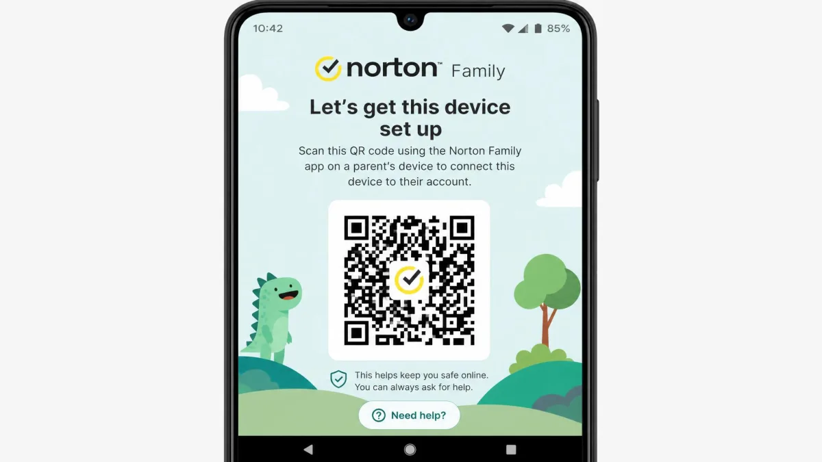 Norton Family setup screen on a child's Android phone displaying the QR code used to pair the device with a parent account.