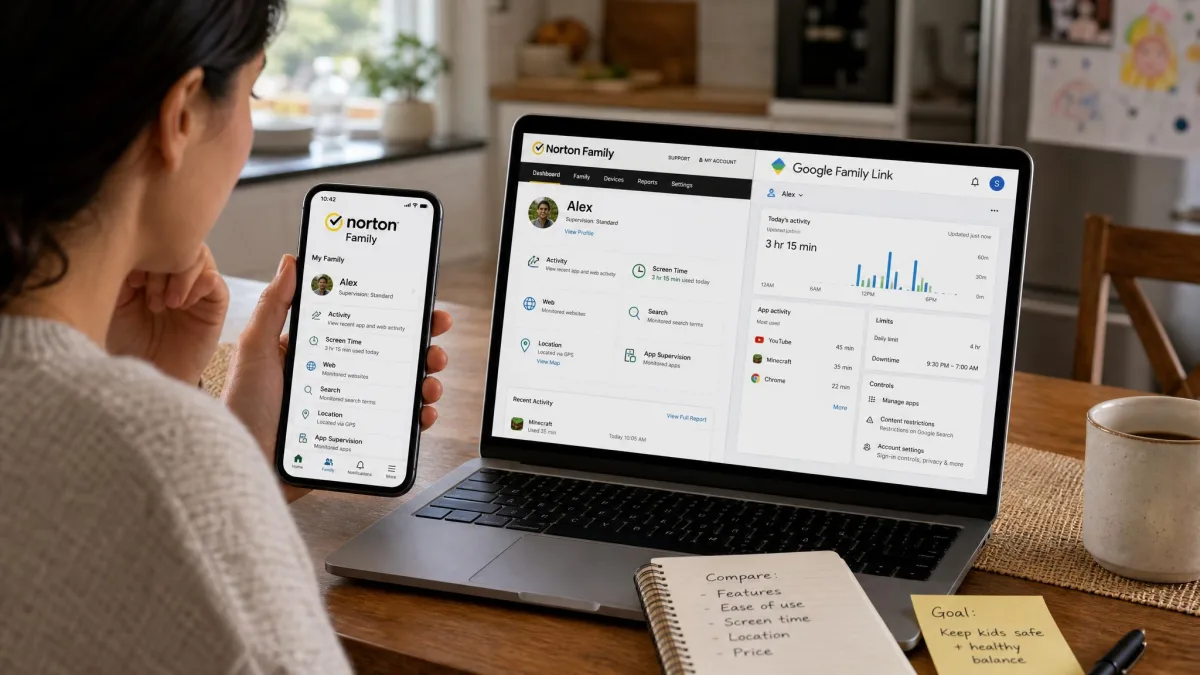 A parent reviewing both Norton Family and Google Family Link apps on a phone and laptop at a kitchen table, comparing the two parental control dashboards.