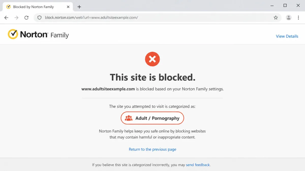 Norton Family blocked-site warning page displayed in a browser after a test visit to an adult website, showing the category that triggered the block.
