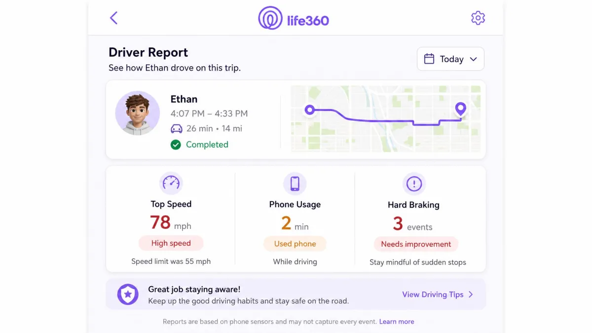 Life360 driver report screen listing a completed trip with top speed, phone usage during driving, and hard braking events for a teen driver.