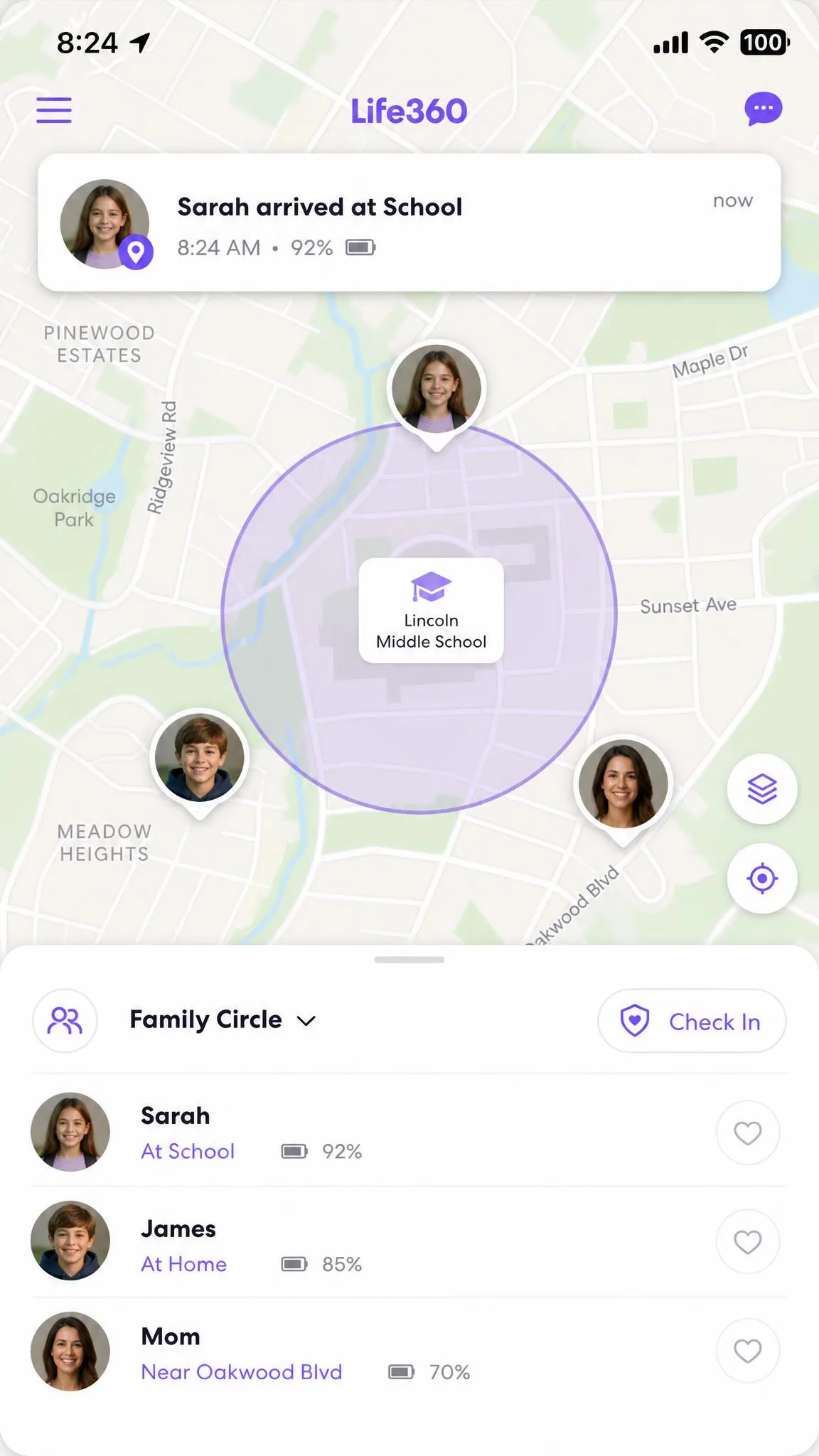 Life360's live map screen showing three family members as avatars with a geofence circle around a school Place and an arrival alert notification at the top.