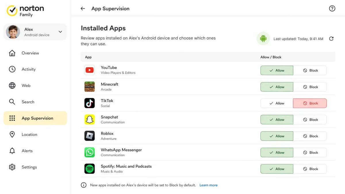 Norton Family app supervision screen listing installed Android apps for a child with allow and block toggles beside each app.