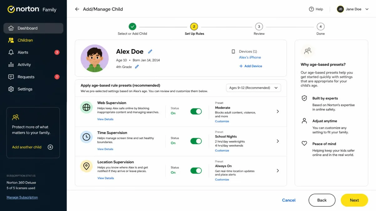 Norton Family parent dashboard mid-setup showing a child profile with age-based rule presets and toggles for web supervision, time supervision, and location.