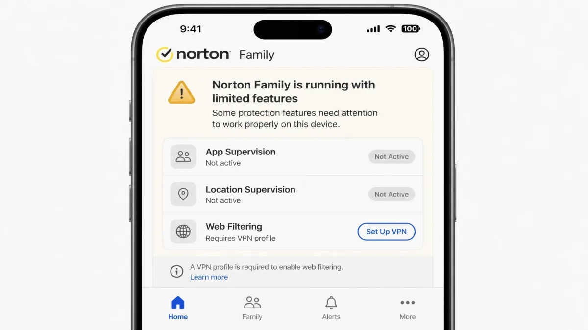 Norton Family running on an iPhone showing a limited-features notice, with app supervision and location supervision greyed out and web filtering requiring a VPN profile.