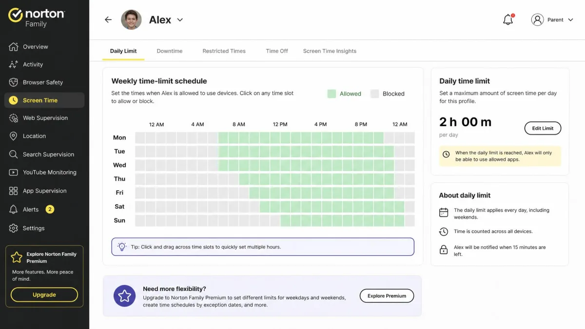 Norton Family screen time settings on a parent dashboard showing a weekly time-limit schedule grid with allowed hours highlighted and a daily cap set for a child profile.