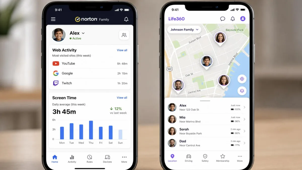 Norton Family's parental control dashboard showing web activity and screen time next to Life360's map view showing family member locations, displayed on two phones side by side.