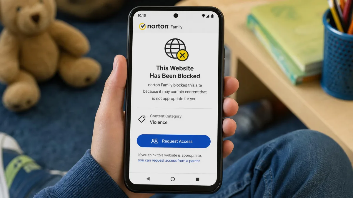 Norton Family showing a blocked website page on a child's Android phone with the content category listed and an option to request access from a parent.