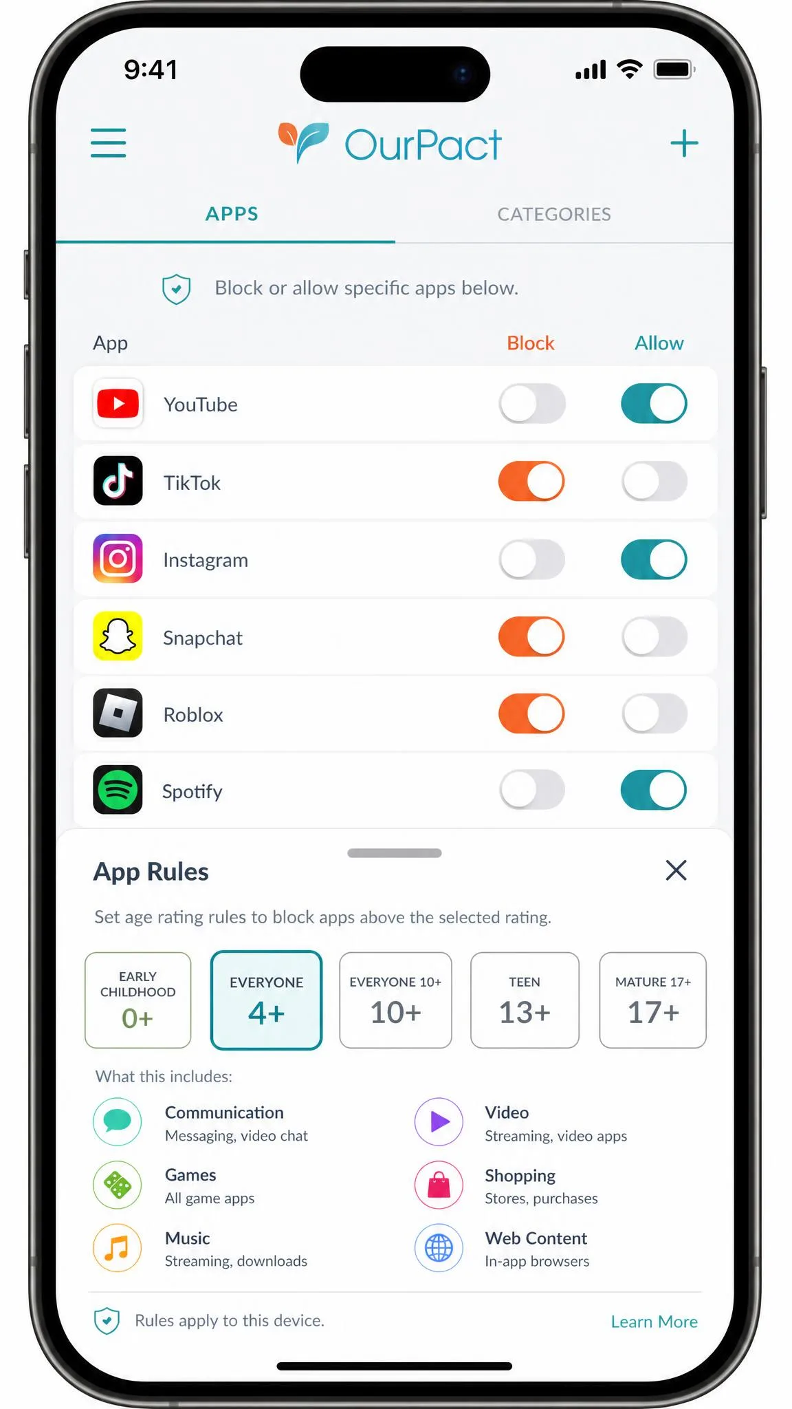 OurPact app management grid on an iPhone showing rows of app icons with individual block and allow toggles and an App Rules age-rating panel.