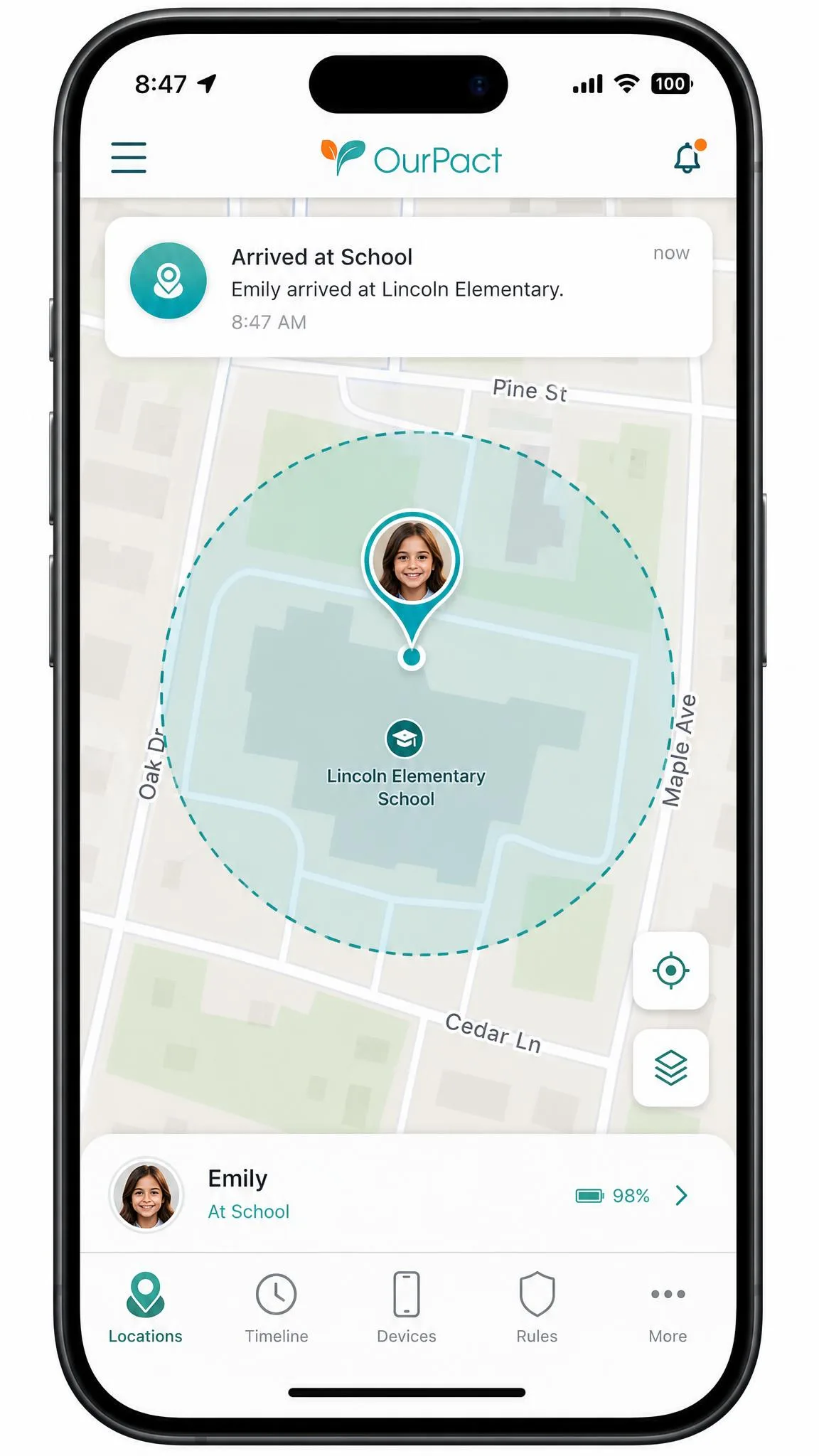 OurPact live location map on a phone showing a child's pin inside a circular geofence around a school, with an arrival alert notification at the top.