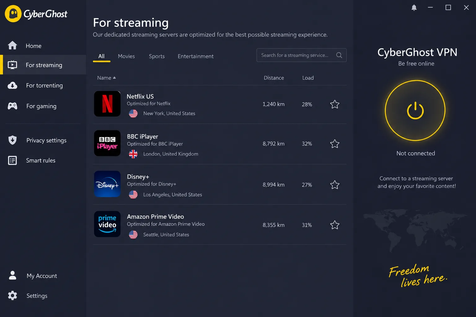 CyberGhost's Windows app showing the "For streaming" server tab, with servers labelled Netflix US, BBC iPlayer, Disney+ and Amazon Prime Video.