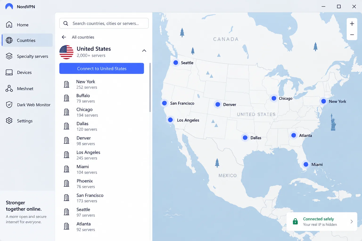 NordVPN's Windows app with the server list open on the United States, showing individual state and city locations such as New York, Chicago and Los Angeles beneath the country heading.