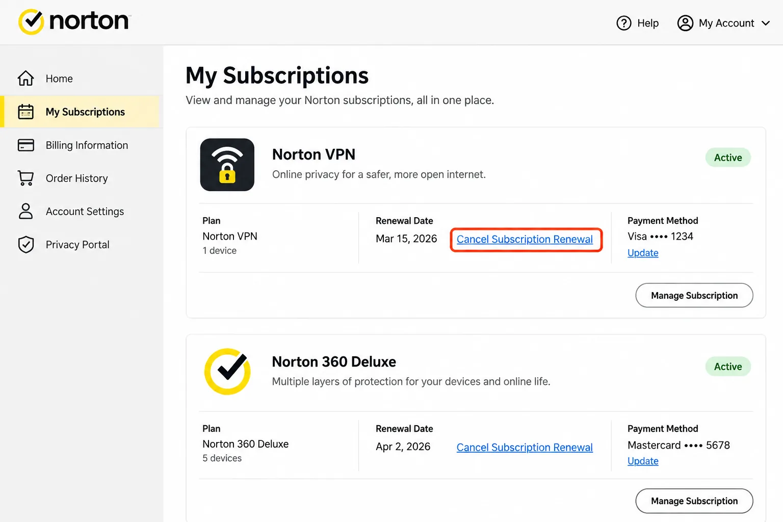 The Norton account My Subscriptions page with a Norton VPN plan listed and the Cancel Subscription Renewal link highlighted next to its renewal date.