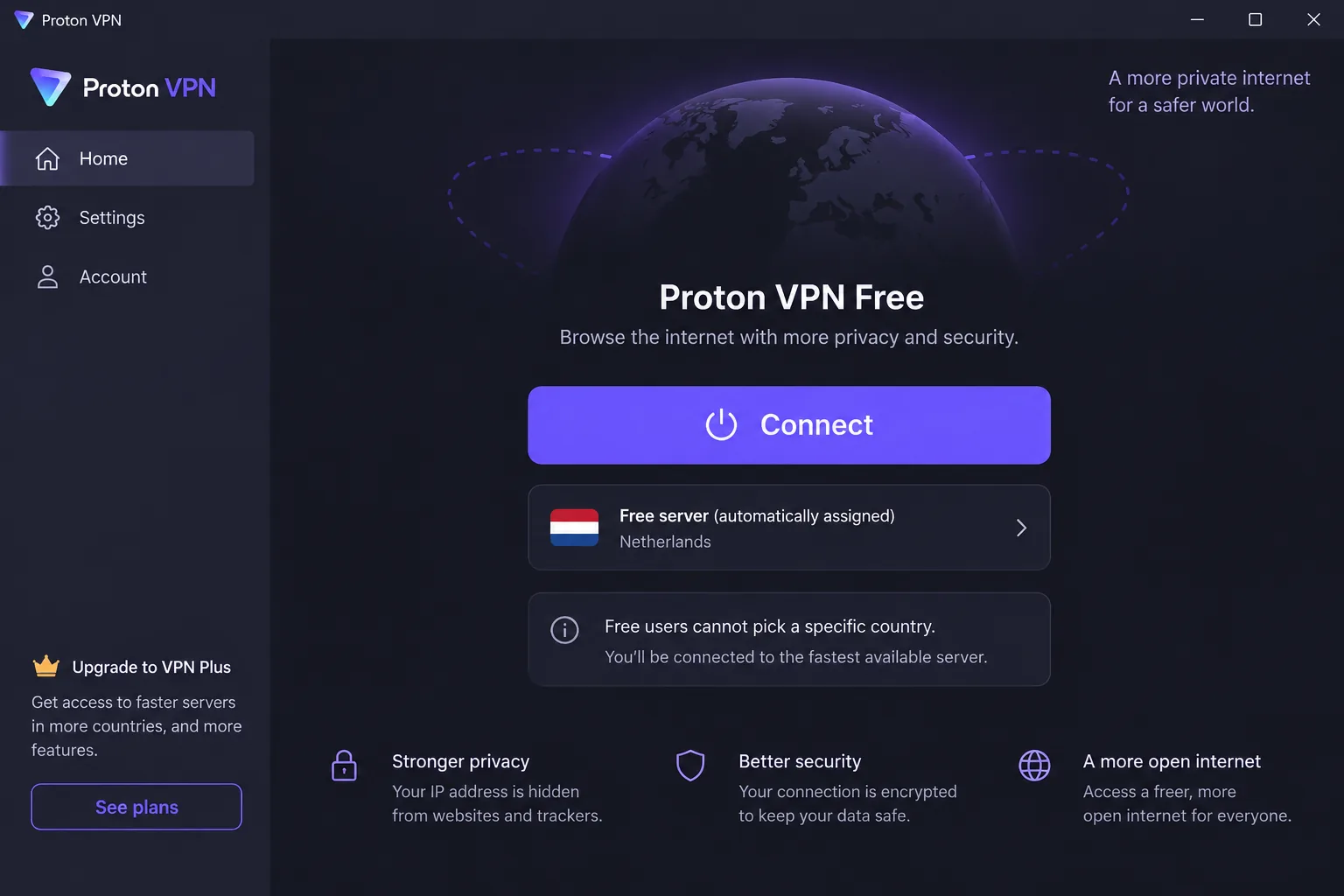 Proton VPN's free plan home screen on Windows, showing the large Connect button, the automatically assigned free server and the note that free users cannot pick a specific country.