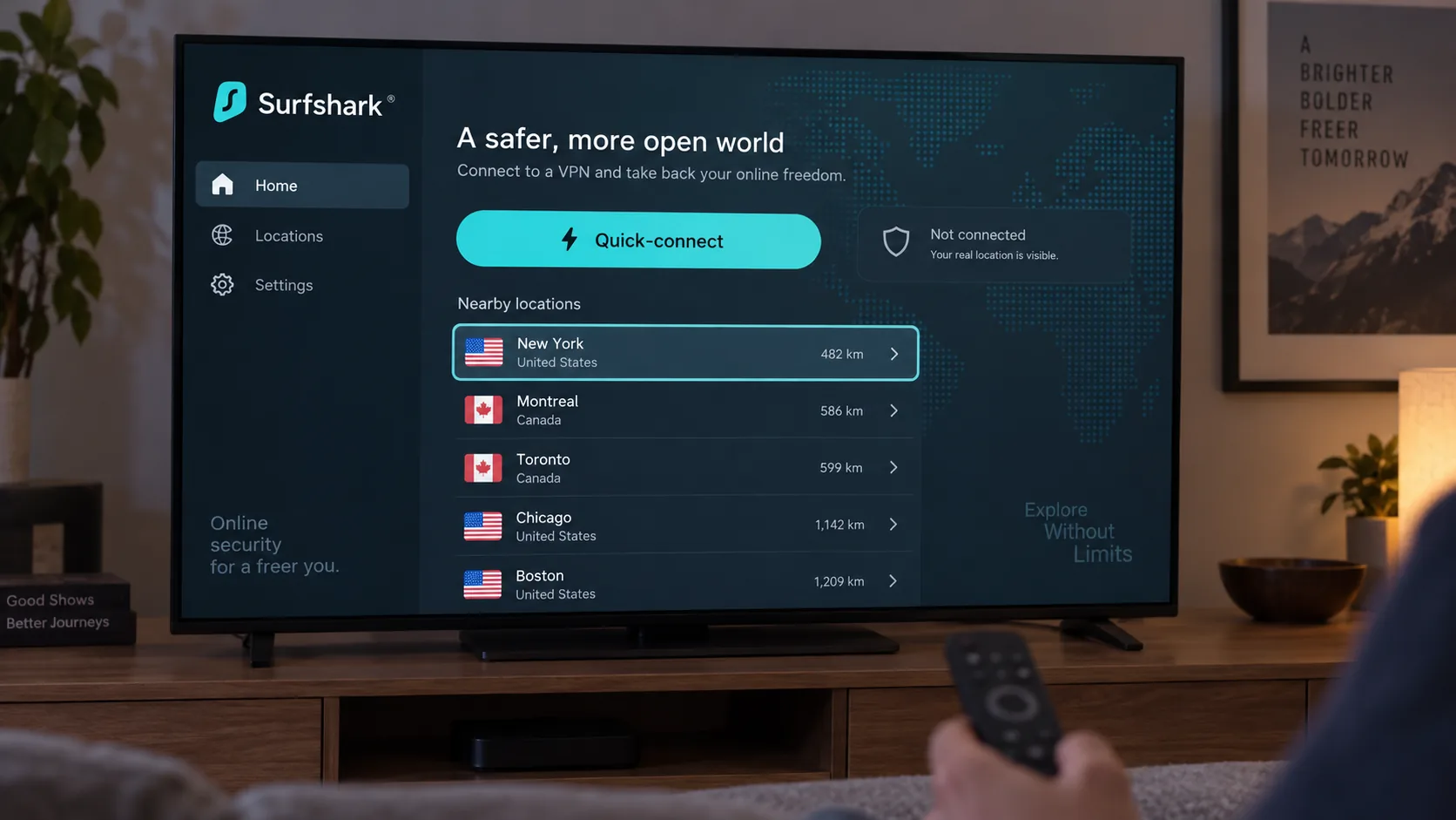 Surfshark's Android TV app on a living-room television, showing the Quick-connect button and a list of nearby city servers navigable with a remote.