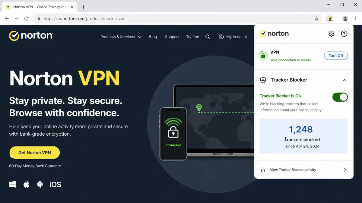 Norton VPN ad and tracker blocker settings panel in a desktop browser showing the toggle enabled and a count of blocked trackers.