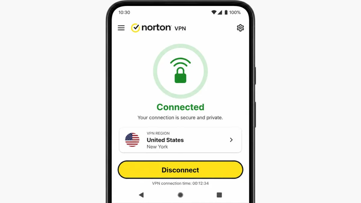 Norton VPN Android app showing a connected status with the selected server location and a large disconnect button on a clean interface.