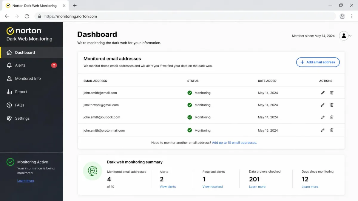 Norton dark web monitoring dashboard opened in a web browser after being launched from the VPN app, showing a list of monitored email addresses.