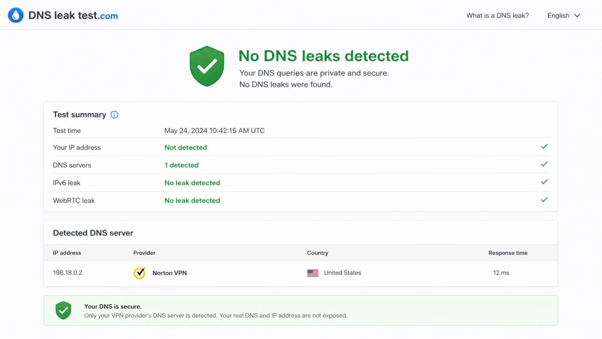 DNS leak test results page showing only the Norton VPN server address with no exposure of the real IP or DNS, confirming a clean pass.