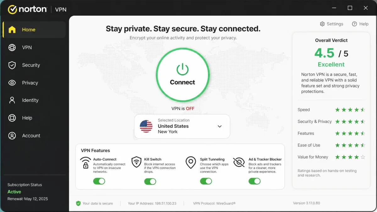 Norton VPN desktop app main screen showing the connect button, server selector, and feature toggles, representing the overall review verdict.