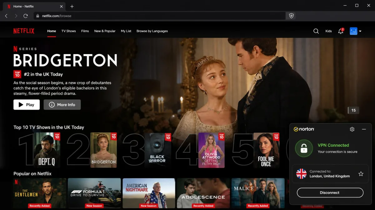 Netflix homepage showing the UK library loading successfully while connected to a Norton VPN London server, with the VPN status indicator visible.