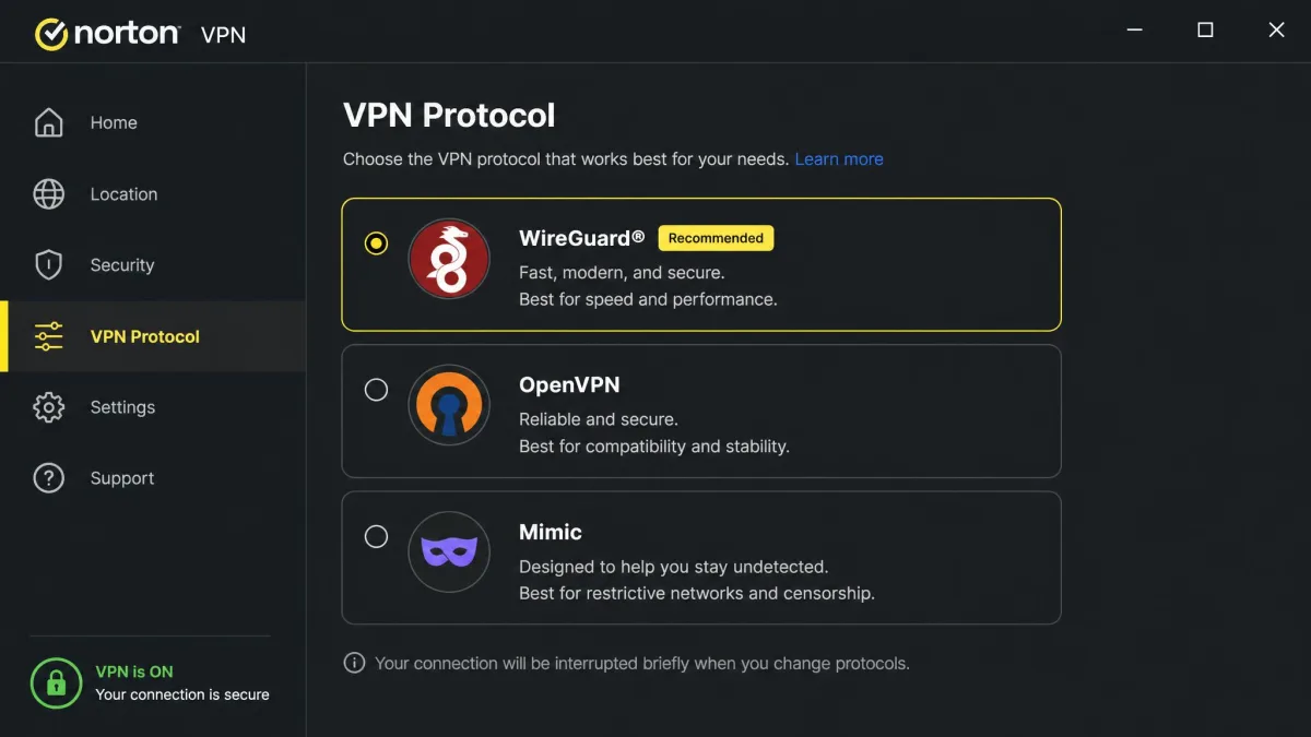 Norton VPN protocol selection menu showing WireGuard, OpenVPN, and Mimic options on the Windows app.