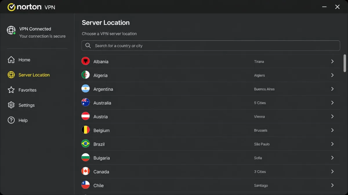 Norton VPN server selection screen showing a scrollable list of country locations with search at the top and no option to pin favorites.