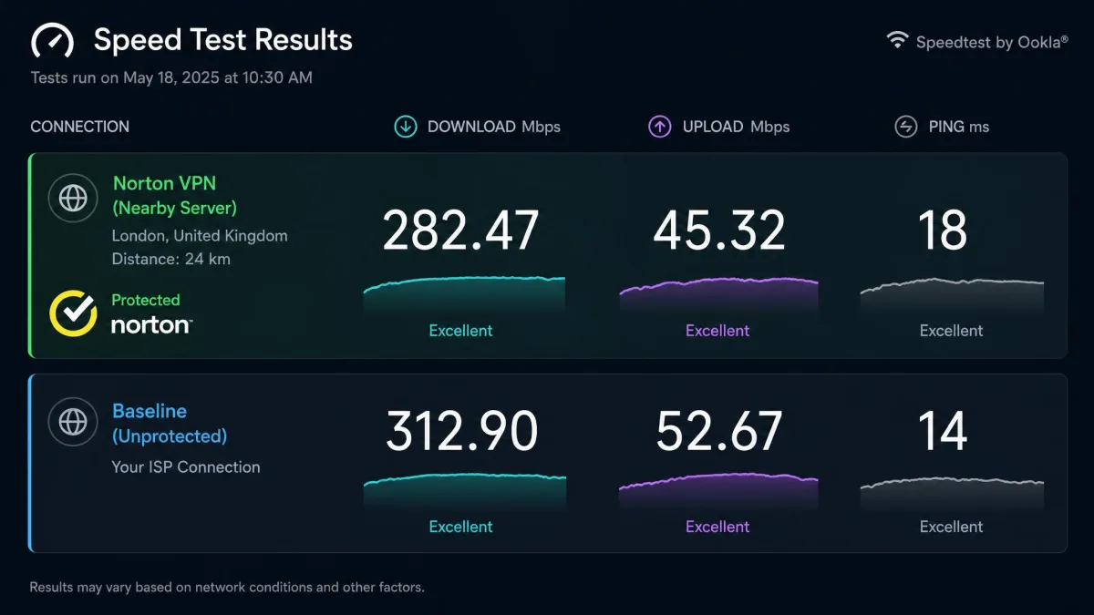 Speed test result screen showing download and upload figures on a nearby Norton VPN server compared to a baseline unprotected connection.