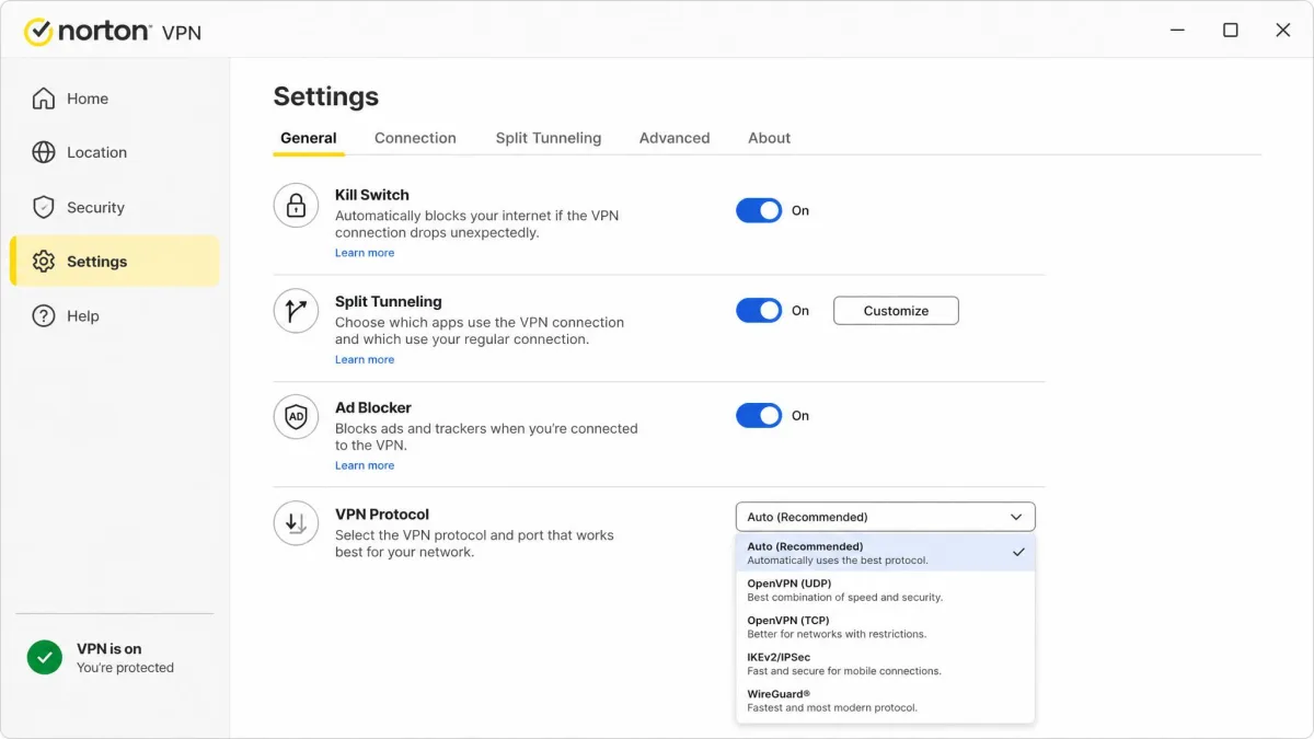 Norton VPN Windows app settings screen showing toggles for kill switch, split tunneling, and ad blocker with the protocol selector open.