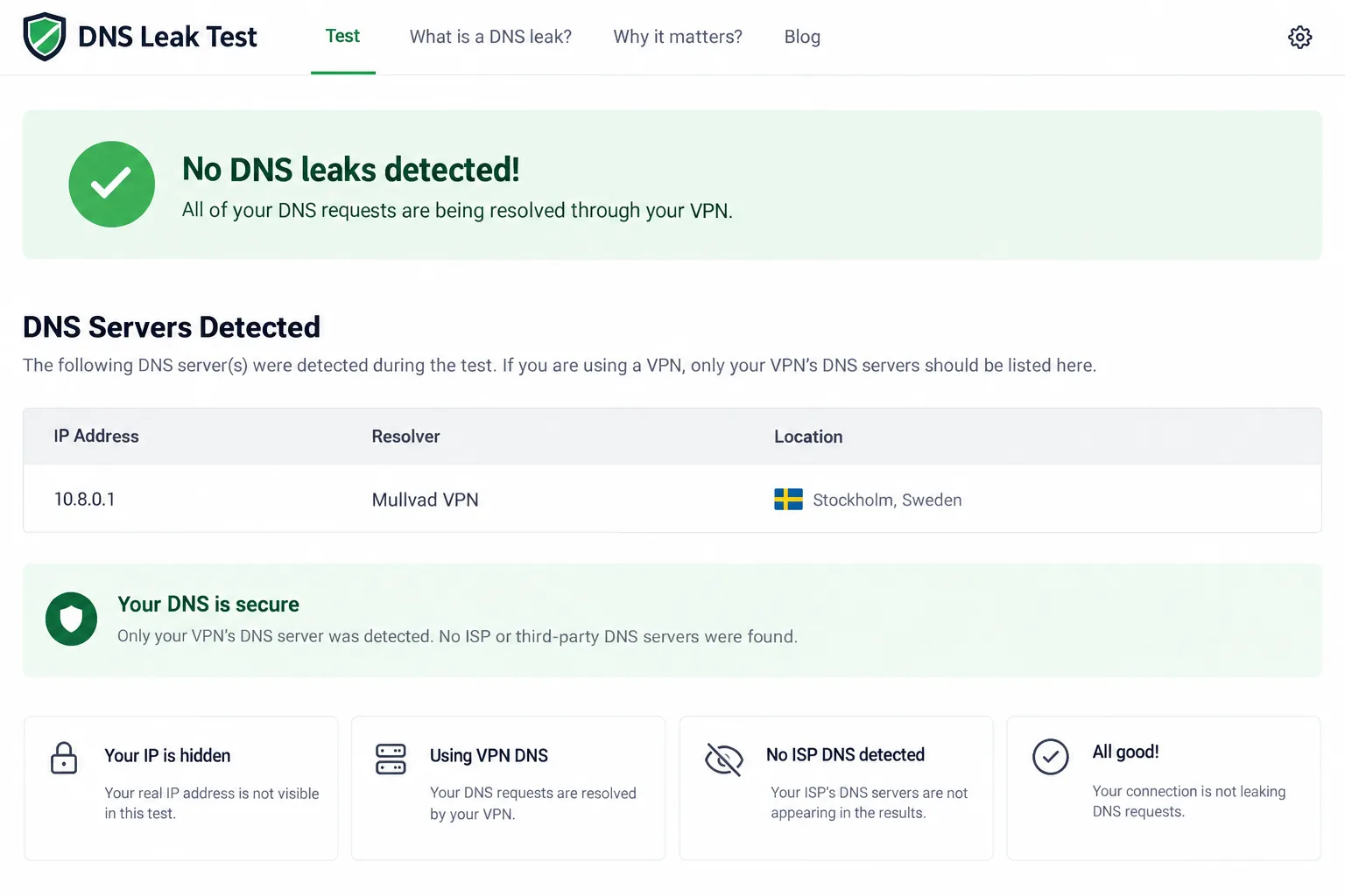 A DNS leak test results page showing only the VPN server's resolver and location, with no ISP DNS servers listed.