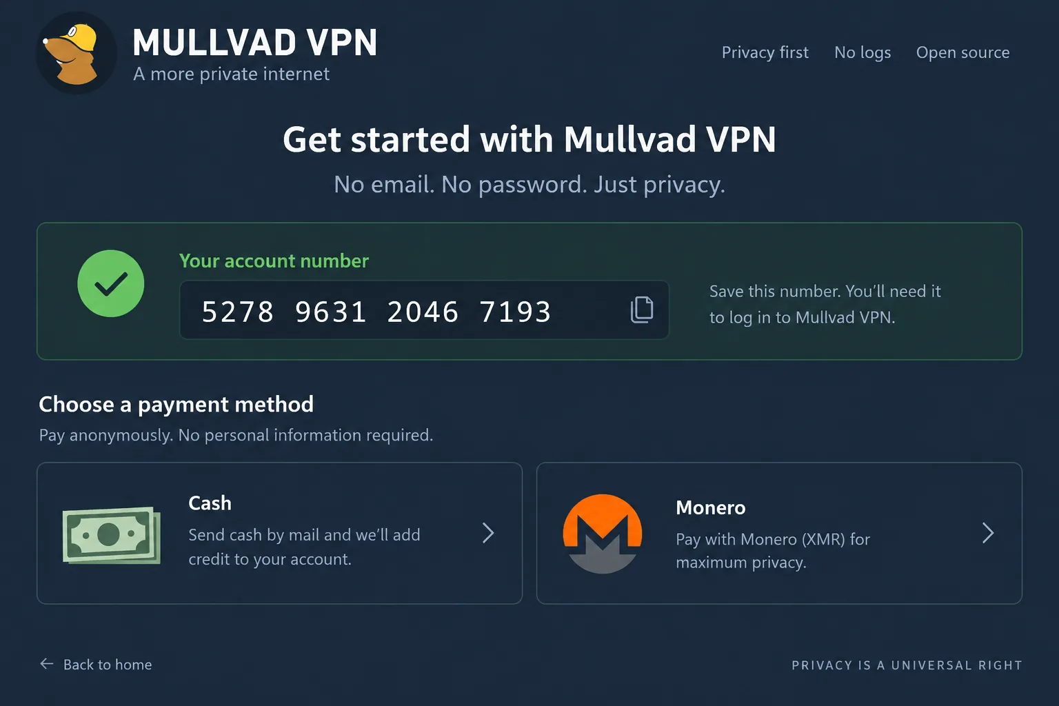Mullvad VPN's sign-up screen showing a freshly generated account number with no email or password fields, next to the cash and Monero payment options.