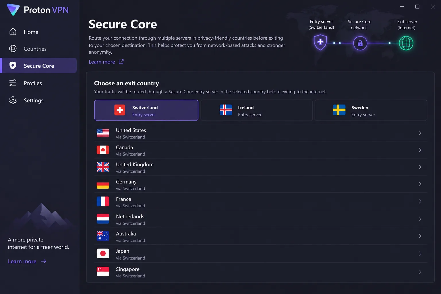 Proton VPN's Windows app with the Secure Core tab open, listing exit countries routed through entry servers in Switzerland, Iceland and Sweden.