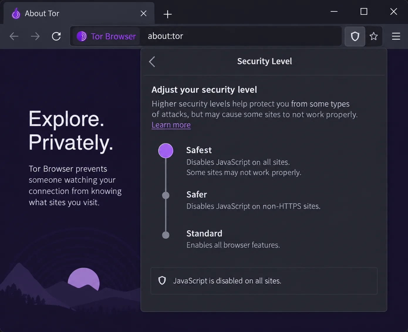Tor Browser's Security Level panel set to Safest, with the note that JavaScript is disabled on all sites shown beneath the slider.
