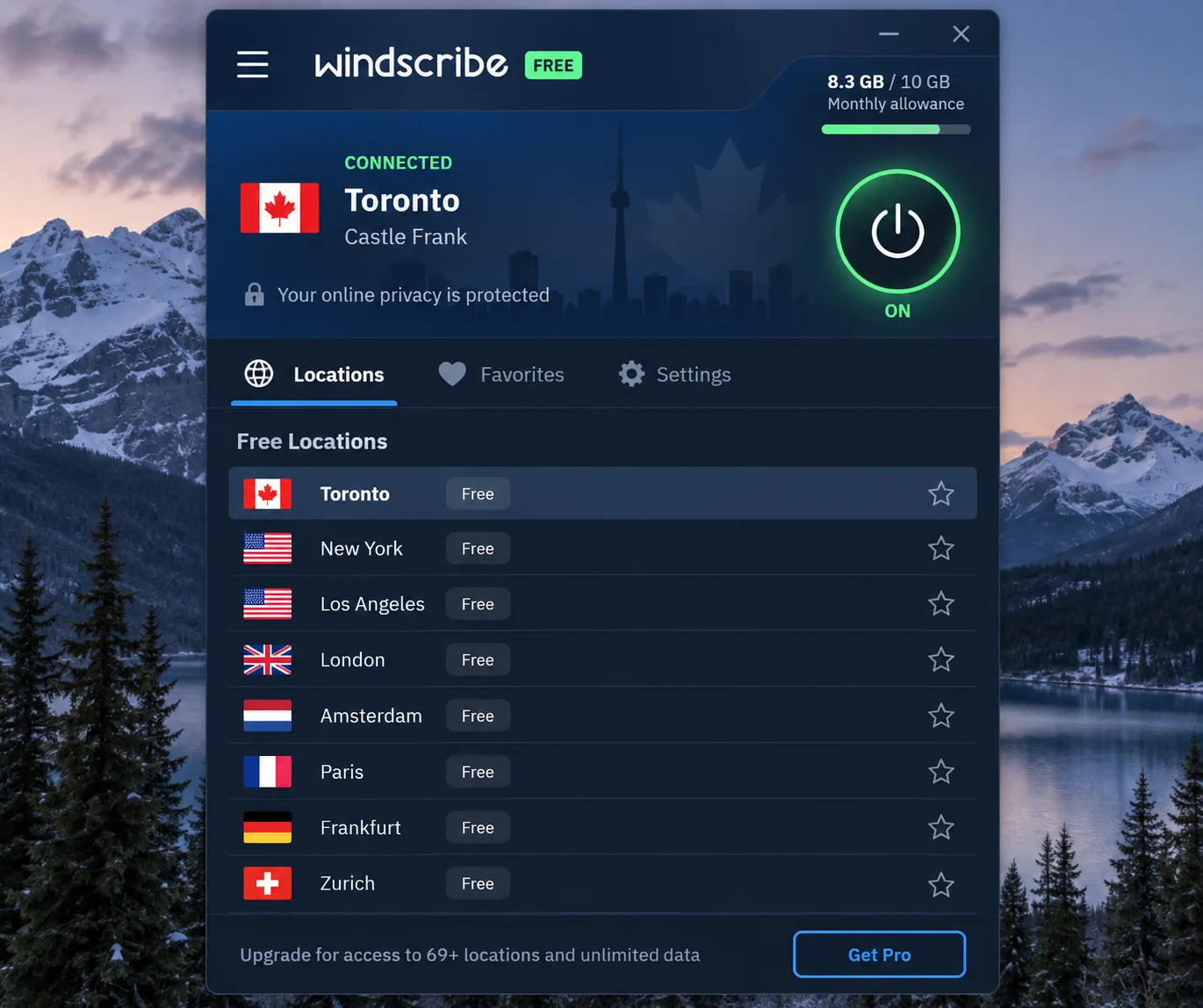 Windscribe's desktop app connected on the free plan, with the remaining monthly data allowance shown in the corner and the free locations listed.
